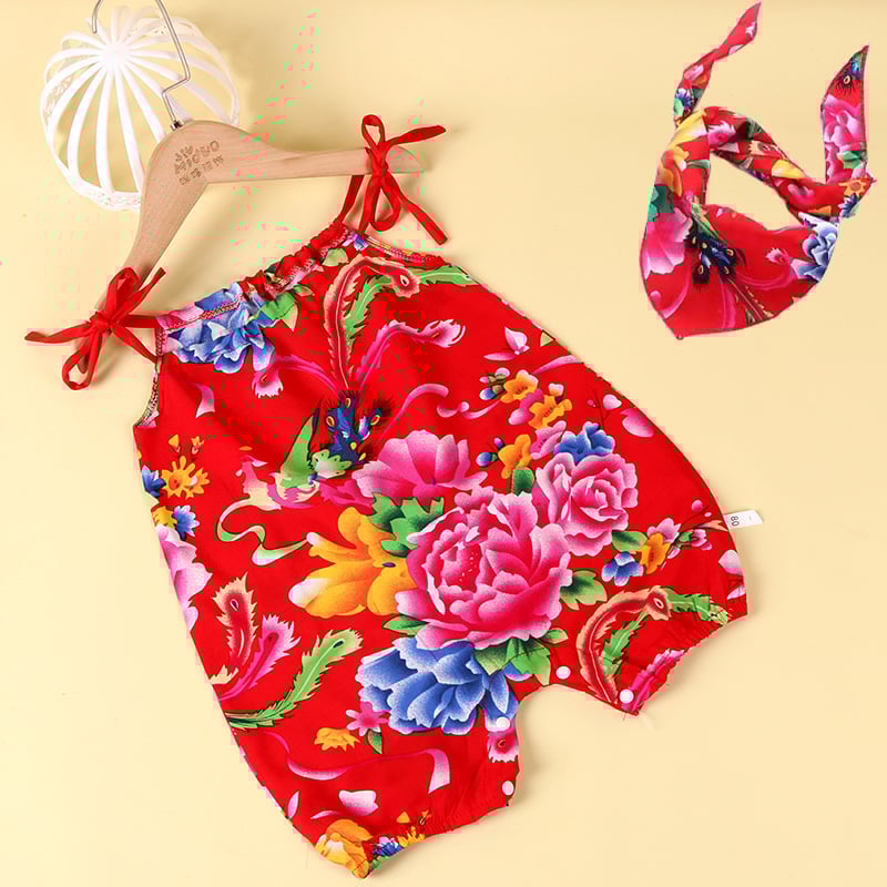 Kūdikio be rankovių romper su gėlių atspaudais, etninio kinų stiliaus, 100% viskozė, tinkamas naujagimiams iki 12 mėnesių