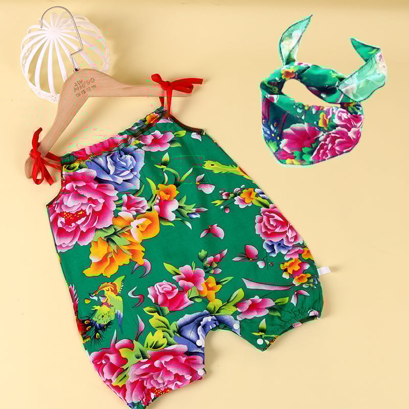 Kūdikio be rankovių romper su gėlių atspaudais, etninio kinų stiliaus, 100% viskozė, tinkamas naujagimiams iki 12 mėnesių