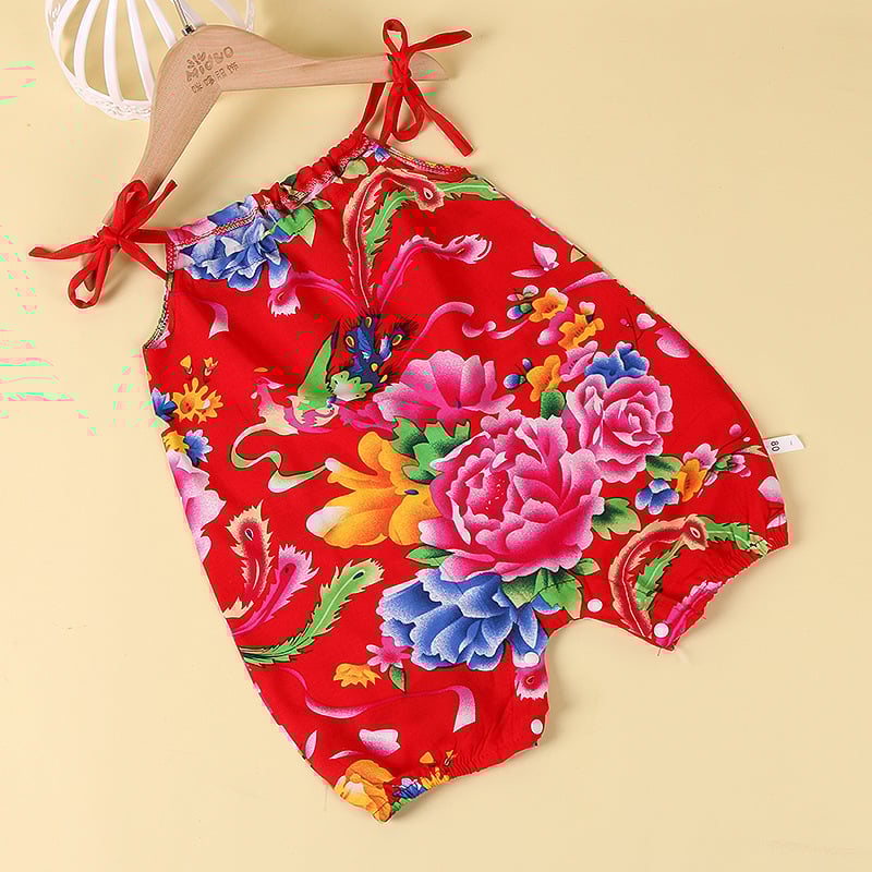 Kūdikio be rankovių romper su gėlių atspaudais, etninio kinų stiliaus, 100% viskozė, tinkamas naujagimiams iki 12 mėnesių