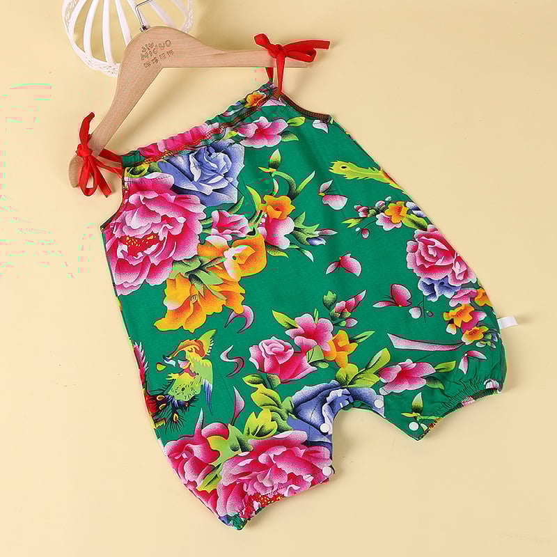Kūdikio be rankovių romper su gėlių atspaudais, etninio kinų stiliaus, 100% viskozė, tinkamas naujagimiams iki 12 mėnesių