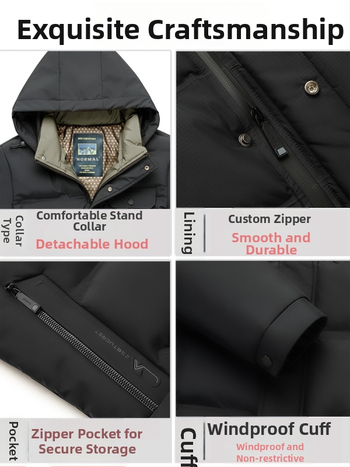 Jachetă de iarnă pentru bărbați, cu glugă și umplutură din poliester, lungime medie, închidere cu fermoar, căptușeală detașabilă, multe buzunare cu fermoar, guler înalt