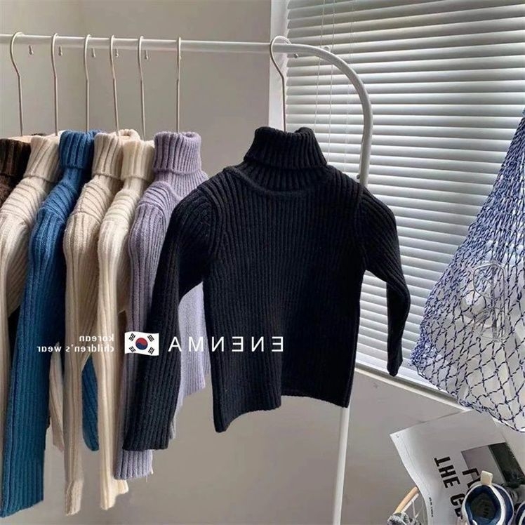 Vaikų megztinis su aukštu kaklu, korejiško stiliaus, ilgomis rankovėmis, vienos spalvos, skirtas vaikams 3-8 metų, medžiaga: medvilnė ir poliesteris (50% poliesterio)