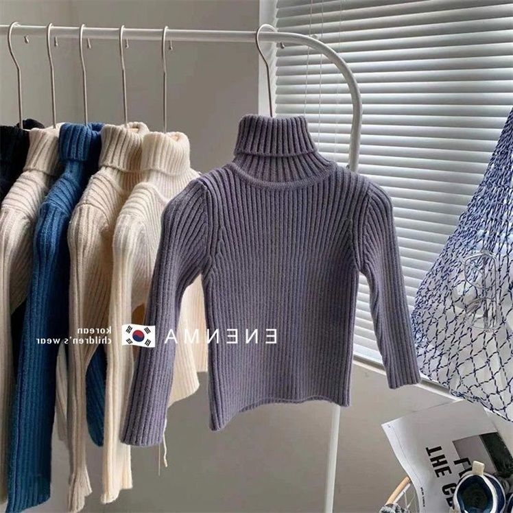 Vaikų megztinis su aukštu kaklu, korejiško stiliaus, ilgomis rankovėmis, vienos spalvos, skirtas vaikams 3-8 metų, medžiaga: medvilnė ir poliesteris (50% poliesterio)