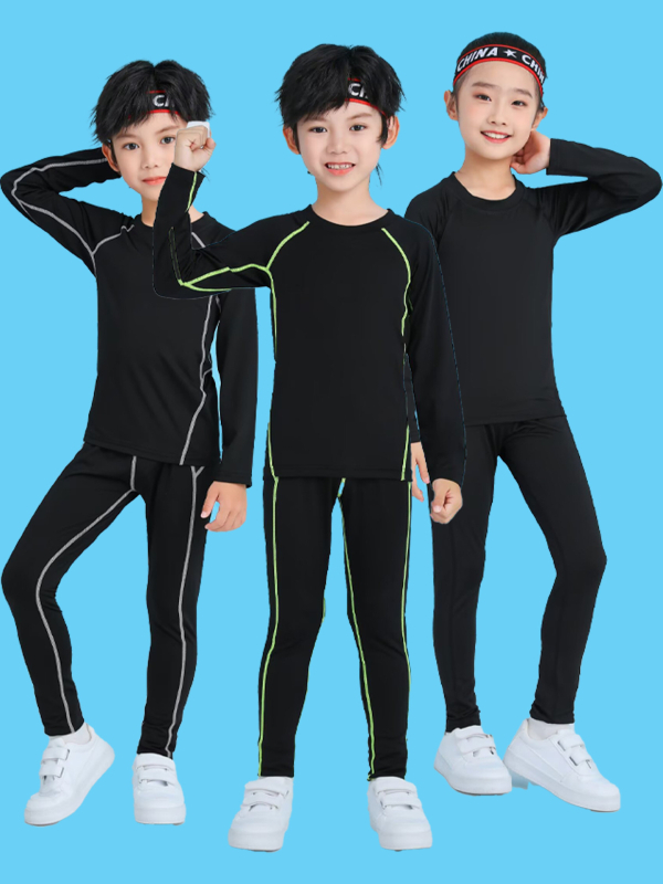 Unisex bērnu sporta komplekts — 92% poliesters, 8% spandeks iekšējā odā; ātri žūst; ziemas pavasaris rudens; piemērots fitness, basketbolam un futbolam
