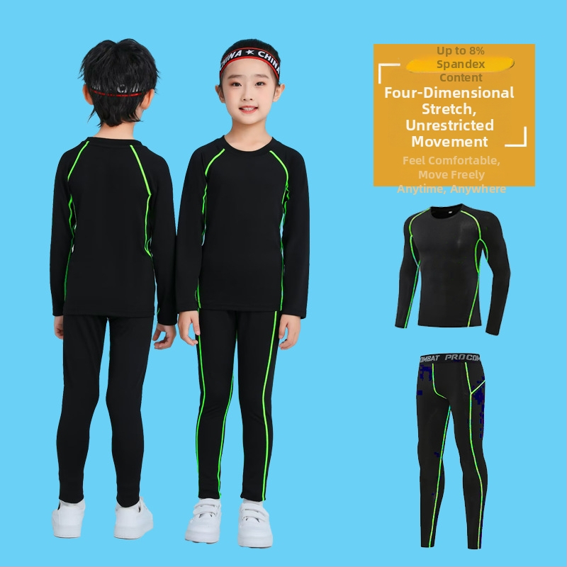 Unisex bērnu sporta komplekts — 92% poliesters, 8% spandeks iekšējā odā; ātri žūst; ziemas pavasaris rudens; piemērots fitness, basketbolam un futbolam