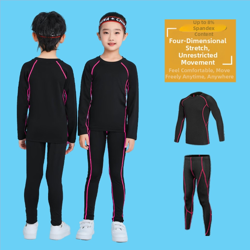Unisex bērnu sporta komplekts — 92% poliesters, 8% spandeks iekšējā odā; ātri žūst; ziemas pavasaris rudens; piemērots fitness, basketbolam un futbolam