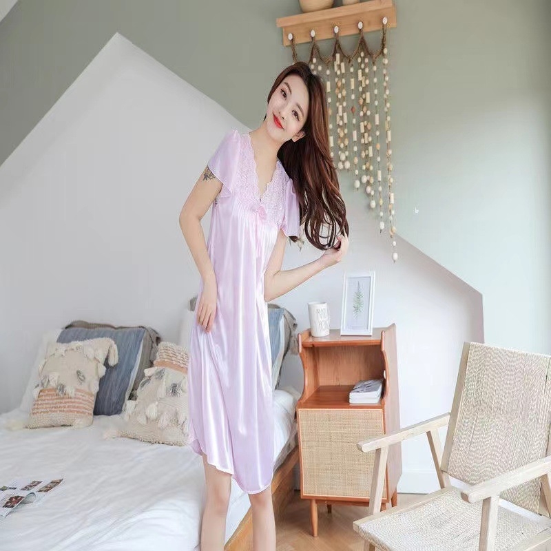 Ice Silk noćna haljina s V izrezom, udoban kroj, 3/4 rukavi, tanko viskozno tkivo