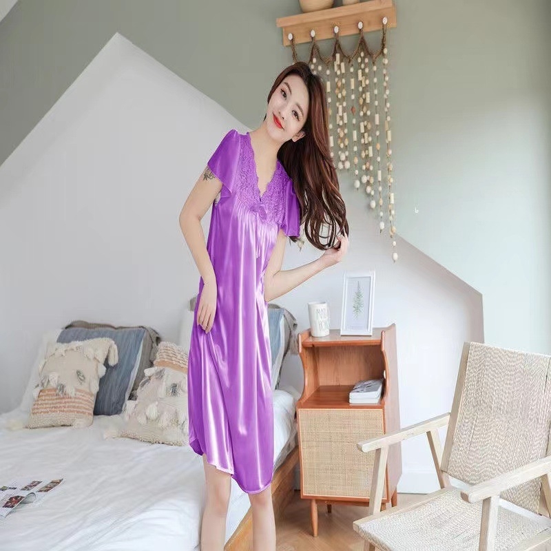 Ice Silk noćna haljina s V izrezom, udoban kroj, 3/4 rukavi, tanko viskozno tkivo