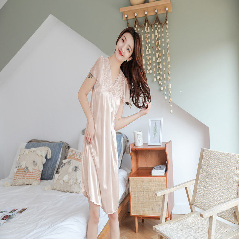 Ice Silk noćna haljina s V izrezom, udoban kroj, 3/4 rukavi, tanko viskozno tkivo