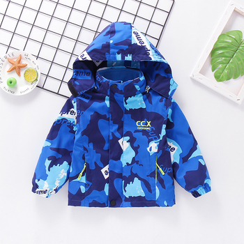 Детско 3-в-1 яке за есен-зима със сваляема качулка, подплатено поларом, камуфлажен принт, за възраст 3–8 години, средна дължина, закопчаване с цип