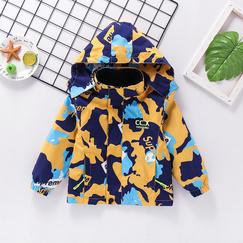 Детско 3-в-1 яке за есен-зима със сваляема качулка, подплатено поларом, камуфлажен принт, за възраст 3–8 години, средна дължина, закопчаване с цип