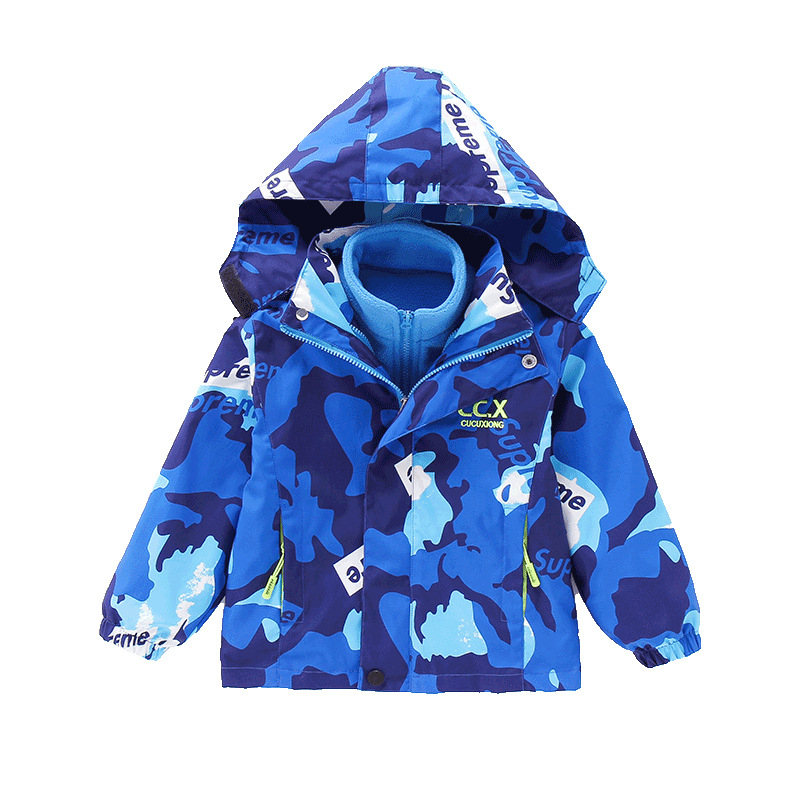 Детско 3-в-1 яке за есен-зима със сваляема качулка, подплатено поларом, камуфлажен принт, за възраст 3–8 години, средна дължина, закопчаване с цип