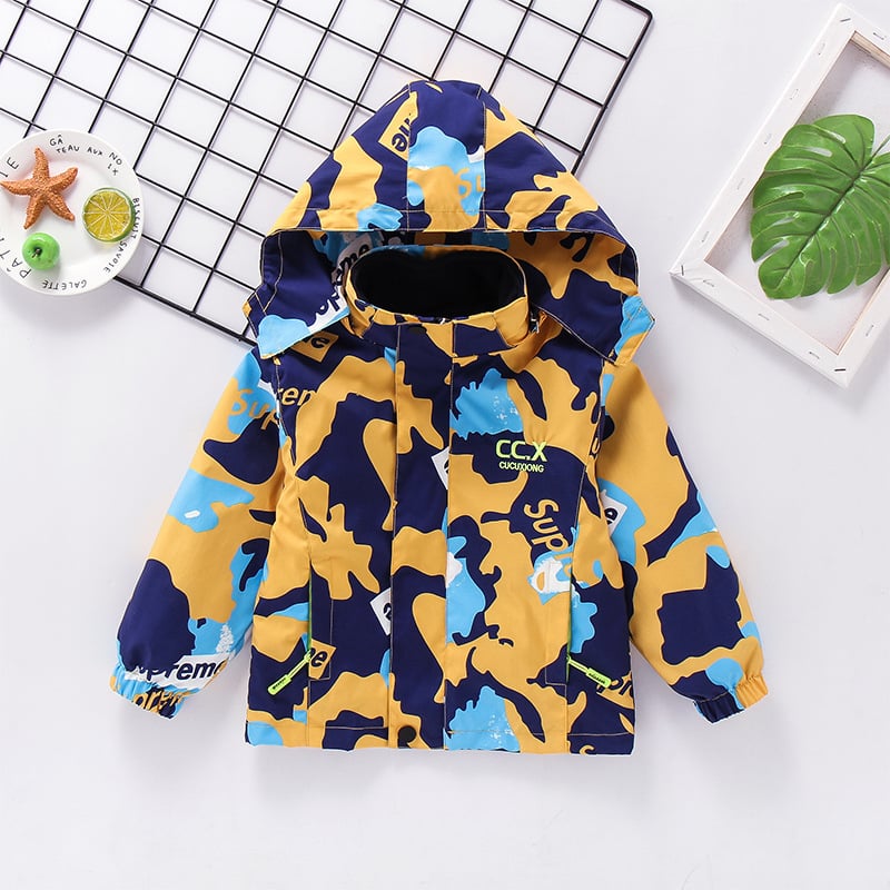 Детско 3-в-1 яке за есен-зима със сваляема качулка, подплатено поларом, камуфлажен принт, за възраст 3–8 години, средна дължина, закопчаване с цип