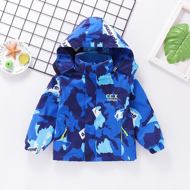 Детско 3-в-1 яке за есен-зима със сваляема качулка, подплатено поларом, камуфлажен принт, за възраст 3–8 години, средна дължина, закопчаване с цип