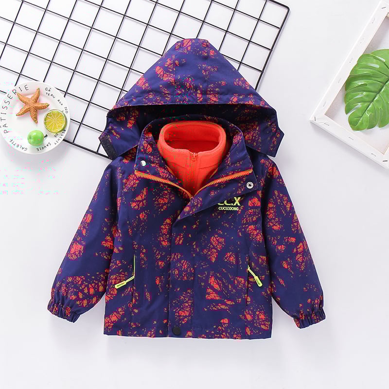 Детско 3-в-1 яке за есен-зима със сваляема качулка, подплатено поларом, камуфлажен принт, за възраст 3–8 години, средна дължина, закопчаване с цип