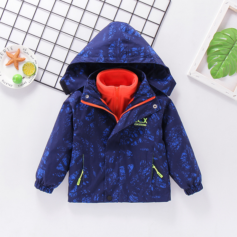 Детско 3-в-1 яке за есен-зима със сваляема качулка, подплатено поларом, камуфлажен принт, за възраст 3–8 години, средна дължина, закопчаване с цип