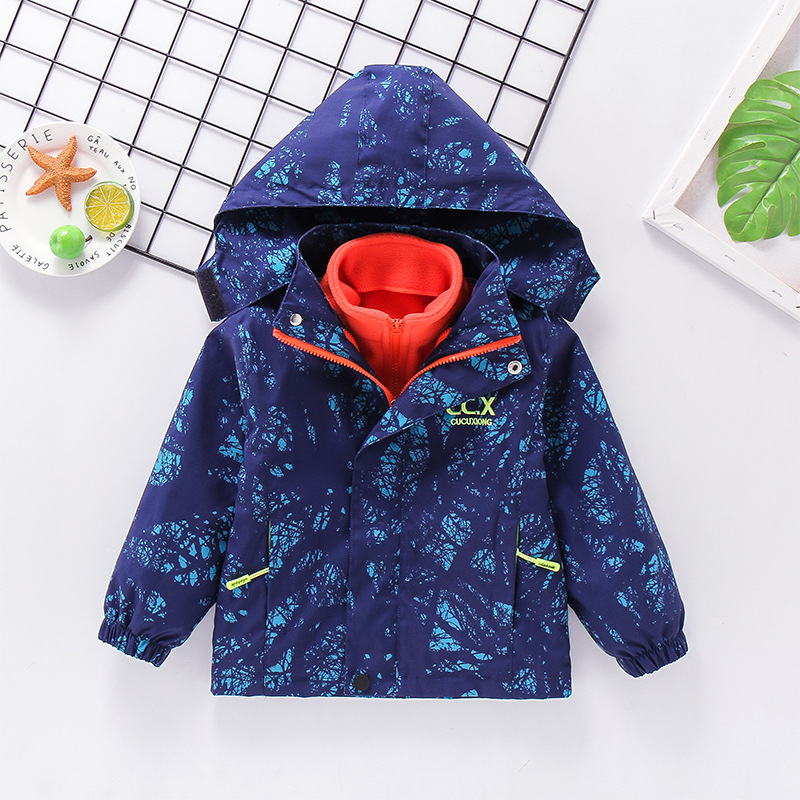 Детско 3-в-1 яке за есен-зима със сваляема качулка, подплатено поларом, камуфлажен принт, за възраст 3–8 години, средна дължина, закопчаване с цип