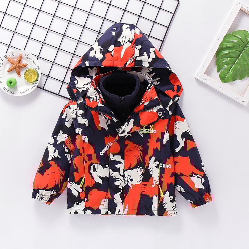 Детско 3-в-1 яке за есен-зима със сваляема качулка, подплатено поларом, камуфлажен принт, за възраст 3–8 години, средна дължина, закопчаване с цип