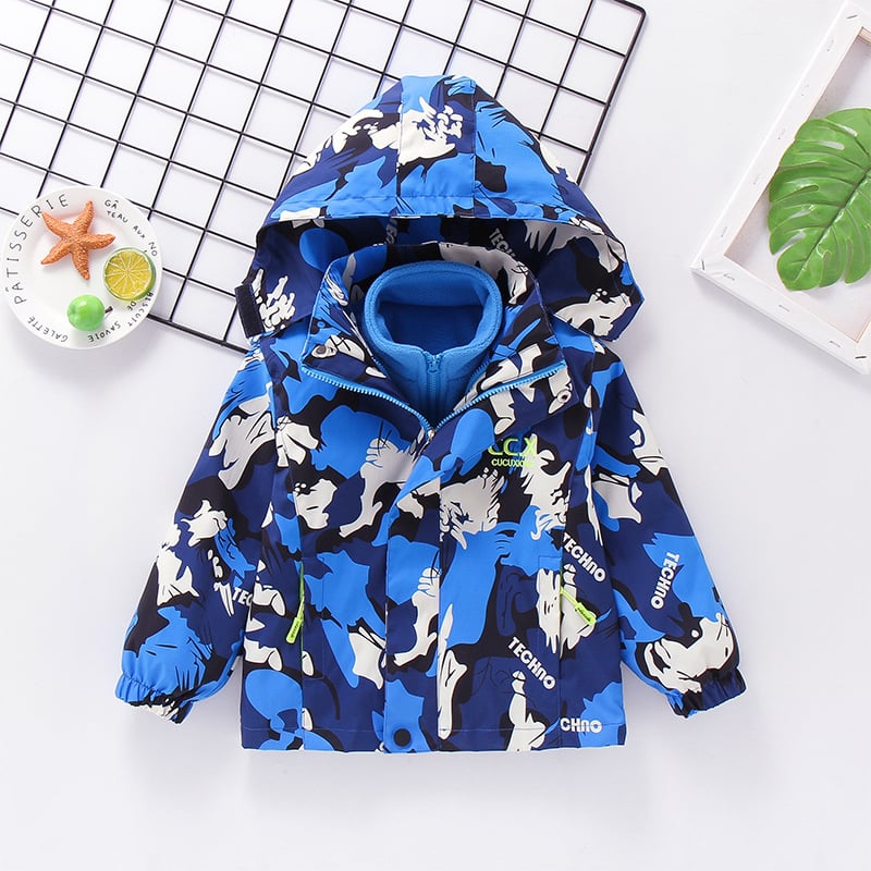 Детско 3-в-1 яке за есен-зима със сваляема качулка, подплатено поларом, камуфлажен принт, за възраст 3–8 години, средна дължина, закопчаване с цип