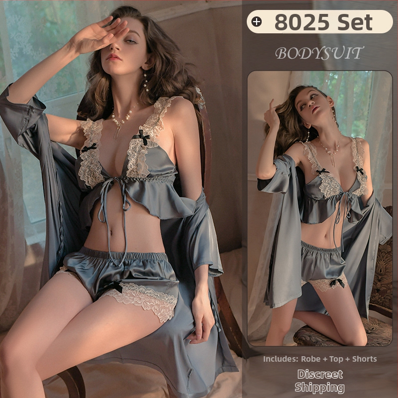 Luksuzni ženski satenski set za dom s čipkom – V-izrez, bez rukava, kratke hlače, udoban kućni outfit