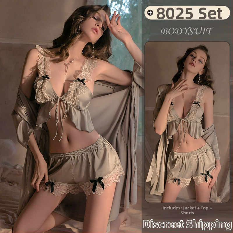 Luksuzni ženski satenski set za dom s čipkom – V-izrez, bez rukava, kratke hlače, udoban kućni outfit