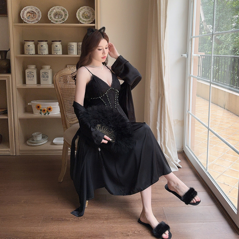 Set za domaću odjeću od ice silk s V-izrezom i dugim rukavima, 90–95% poliester, umjerena težina 161–180 g/m2