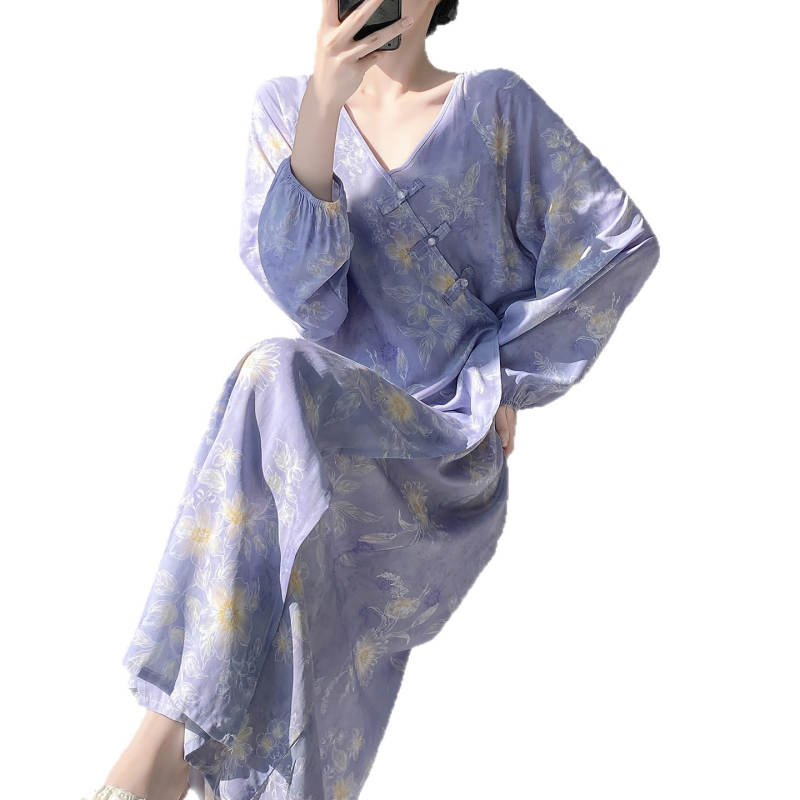Noćna haljina za žene s V‑izrezom i cvjetnim pamuk-satenom, dugi rukavi, ležeran kroj, velika veličina, duga, pogodna i za nošenje izvana, kućna odjeća u kineskom stilu