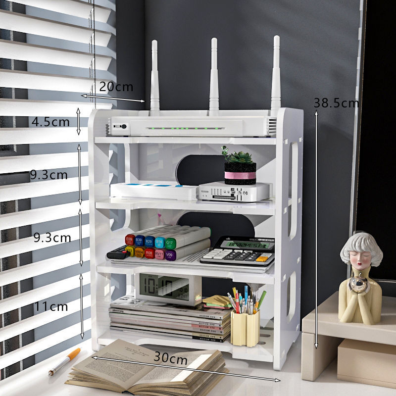 Sešstāvu sienas plaukts maršrutētājam un kabeliem ar caurumiem, no mākslīgās plāksnes