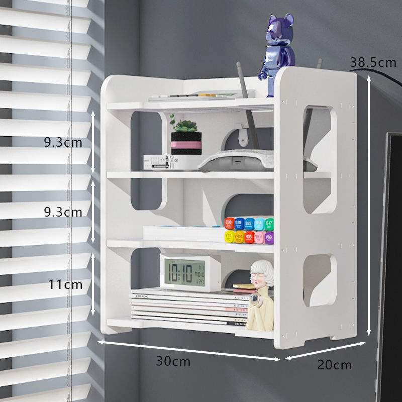 Sešstāvu sienas plaukts maršrutētājam un kabeliem ar caurumiem, no mākslīgās plāksnes