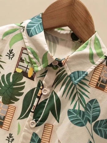 Unisex vaikų marškinėliai – Mori stiliaus vintage gėlių raštas, trumpomis rankovėmis, marškinėlių apykaklė, 2025 m. vasara