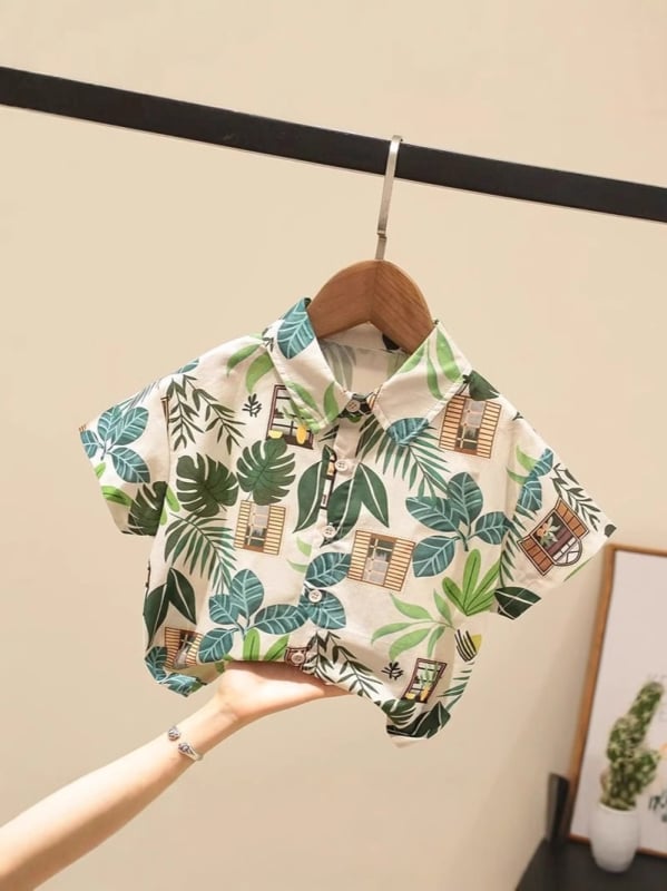 Unisex vaikų marškinėliai – Mori stiliaus vintage gėlių raštas, trumpomis rankovėmis, marškinėlių apykaklė, 2025 m. vasara