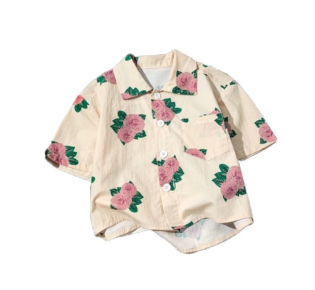 Unisex vaikų marškinėliai – Mori stiliaus vintage gėlių raštas, trumpomis rankovėmis, marškinėlių apykaklė, 2025 m. vasara