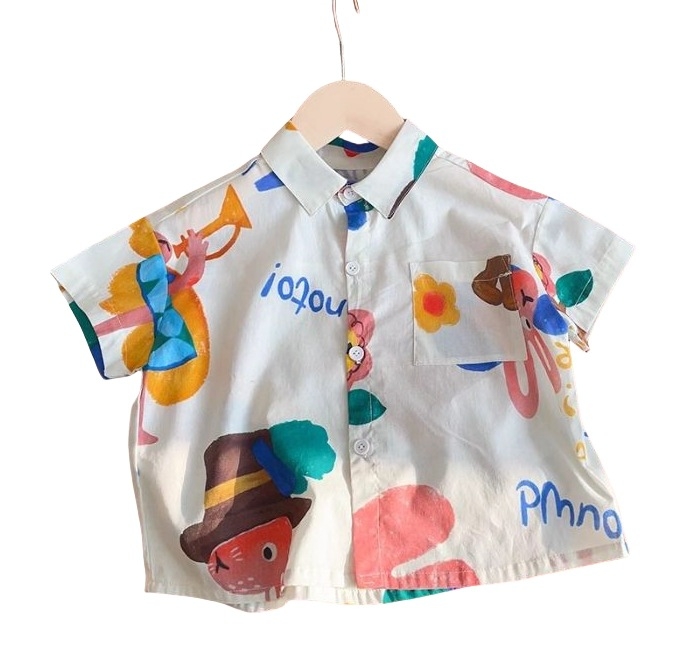 Unisex vaikų marškinėliai – Mori stiliaus vintage gėlių raštas, trumpomis rankovėmis, marškinėlių apykaklė, 2025 m. vasara