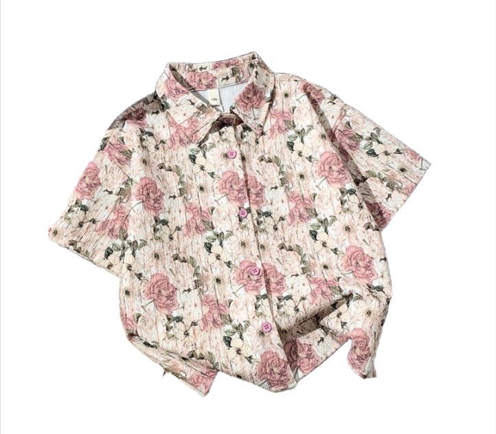 Unisex vaikų marškinėliai – Mori stiliaus vintage gėlių raštas, trumpomis rankovėmis, marškinėlių apykaklė, 2025 m. vasara