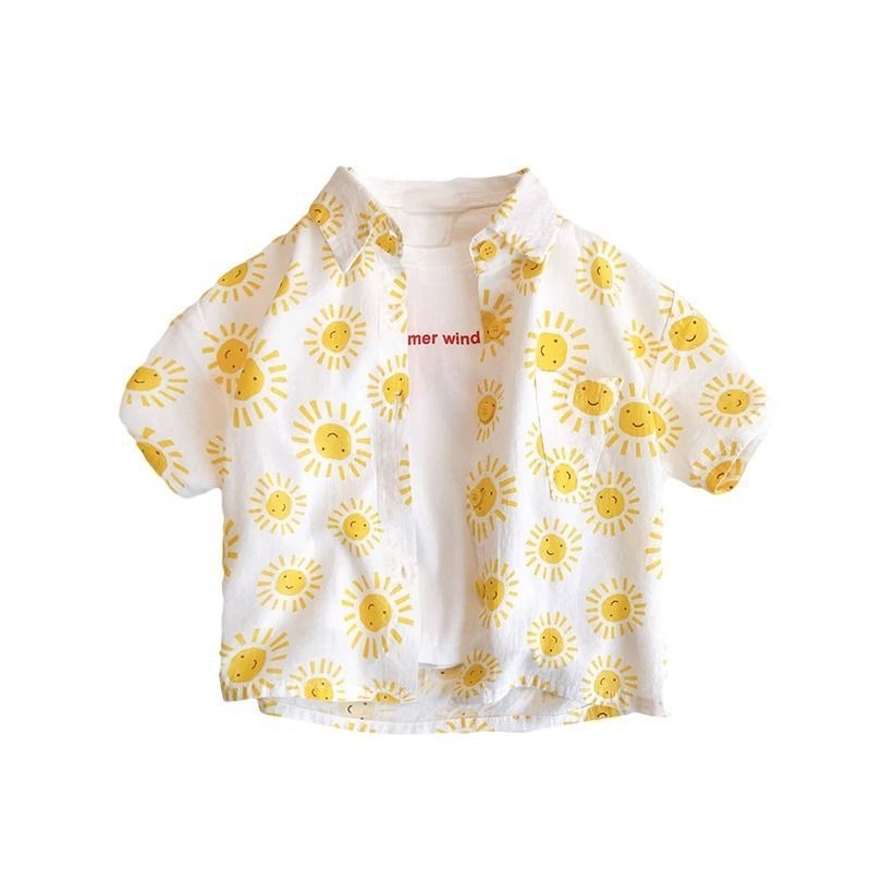 Unisex vaikų marškinėliai – Mori stiliaus vintage gėlių raštas, trumpomis rankovėmis, marškinėlių apykaklė, 2025 m. vasara