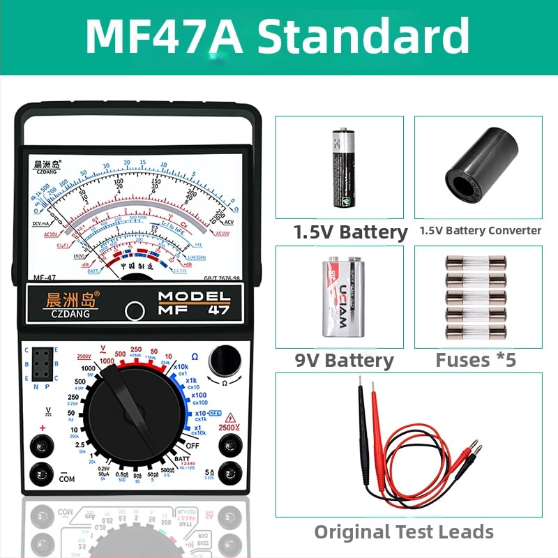 Analogni multimetar MF47 s mehaničkim pokazivačem, visoka preciznost, za električare i studente (MF47A: standardna konfiguracija; s krokodilskim klipom; s 10A vrhom; s silikon kablovima)