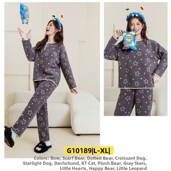 Ženski set za kućnu upotrebu u korejskom stilu za jesen/zimu, oblacni velur, debeli fleece, sladak crtani print, okrugli ovratnik, dugi rukav, hlače, pogodno za dom i vani