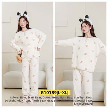 Ženski set za kućnu upotrebu u korejskom stilu za jesen/zimu, oblacni velur, debeli fleece, sladak crtani print, okrugli ovratnik, dugi rukav, hlače, pogodno za dom i vani
