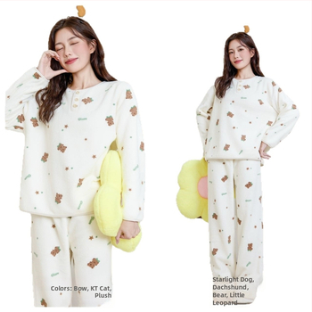 Ženski set za kućnu upotrebu u korejskom stilu za jesen/zimu, oblacni velur, debeli fleece, sladak crtani print, okrugli ovratnik, dugi rukav, hlače, pogodno za dom i vani