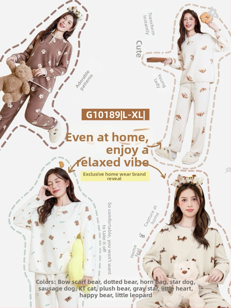 Ženski set za kućnu upotrebu u korejskom stilu za jesen/zimu, oblacni velur, debeli fleece, sladak crtani print, okrugli ovratnik, dugi rukav, hlače, pogodno za dom i vani