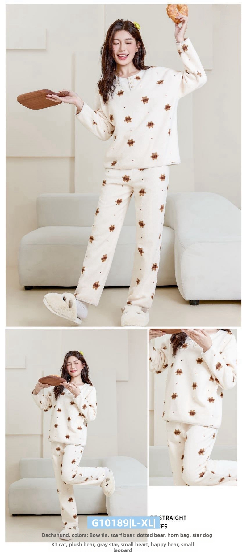 Ženski set za kućnu upotrebu u korejskom stilu za jesen/zimu, oblacni velur, debeli fleece, sladak crtani print, okrugli ovratnik, dugi rukav, hlače, pogodno za dom i vani