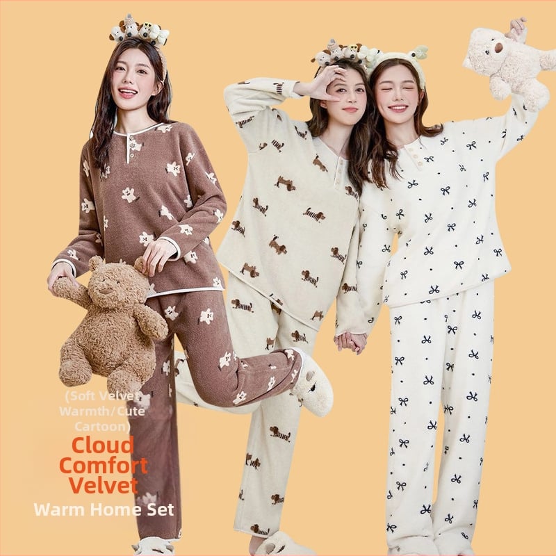 Ženski set za kućnu upotrebu u korejskom stilu za jesen/zimu, oblacni velur, debeli fleece, sladak crtani print, okrugli ovratnik, dugi rukav, hlače, pogodno za dom i vani