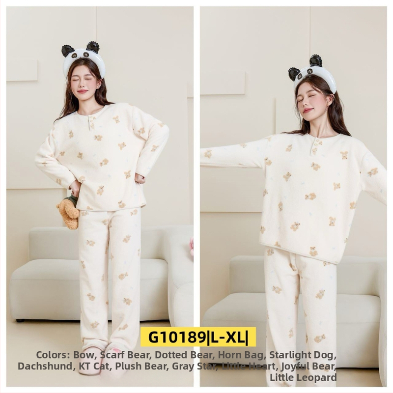 Ženski set za kućnu upotrebu u korejskom stilu za jesen/zimu, oblacni velur, debeli fleece, sladak crtani print, okrugli ovratnik, dugi rukav, hlače, pogodno za dom i vani