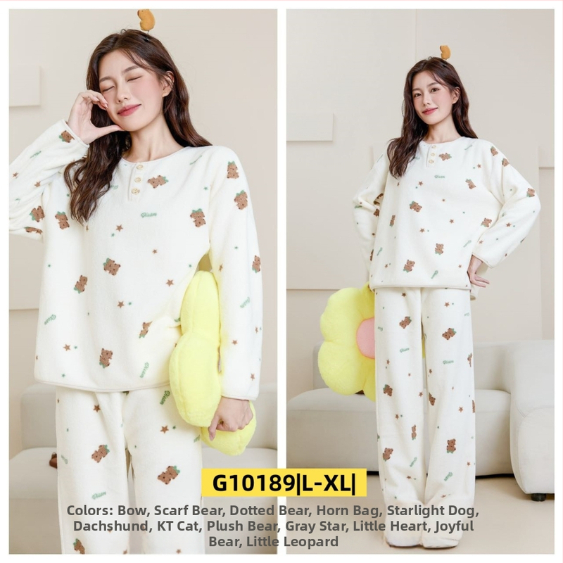 Ženski set za kućnu upotrebu u korejskom stilu za jesen/zimu, oblacni velur, debeli fleece, sladak crtani print, okrugli ovratnik, dugi rukav, hlače, pogodno za dom i vani