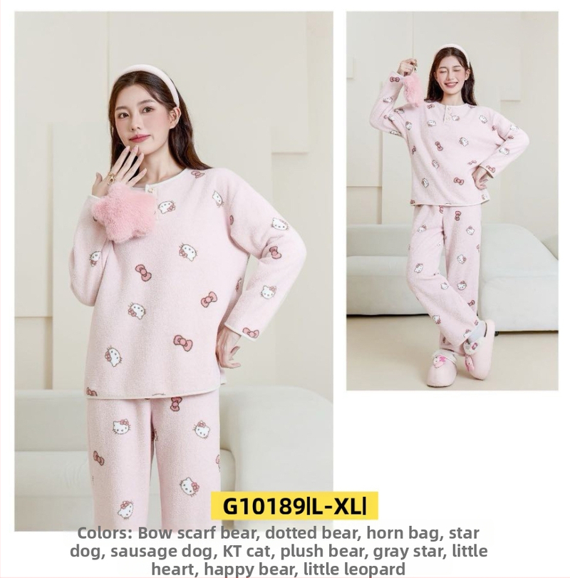 Ženski set za kućnu upotrebu u korejskom stilu za jesen/zimu, oblacni velur, debeli fleece, sladak crtani print, okrugli ovratnik, dugi rukav, hlače, pogodno za dom i vani