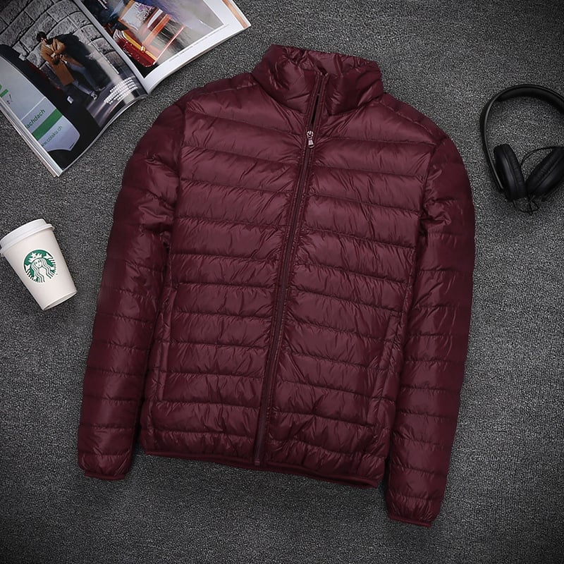 Jachetă de puf pentru bărbați ultra-subțire, scurtă, cu glugă și guler înalt, fermoar, exterior din nylon, umplutură din puf de rață alb, 550 fill power, impermeabilă și rezistentă la vânt, stil casual