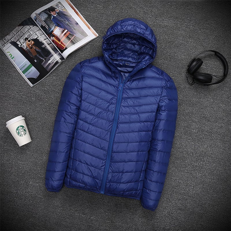 Jachetă de puf pentru bărbați ultra-subțire, scurtă, cu glugă și guler înalt, fermoar, exterior din nylon, umplutură din puf de rață alb, 550 fill power, impermeabilă și rezistentă la vânt, stil casual