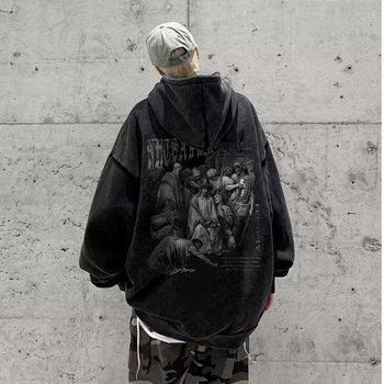 Muški hoodie s kapuljom, 96% pamuk, labav kroj, teško opran i izlizani završetak, jesen.