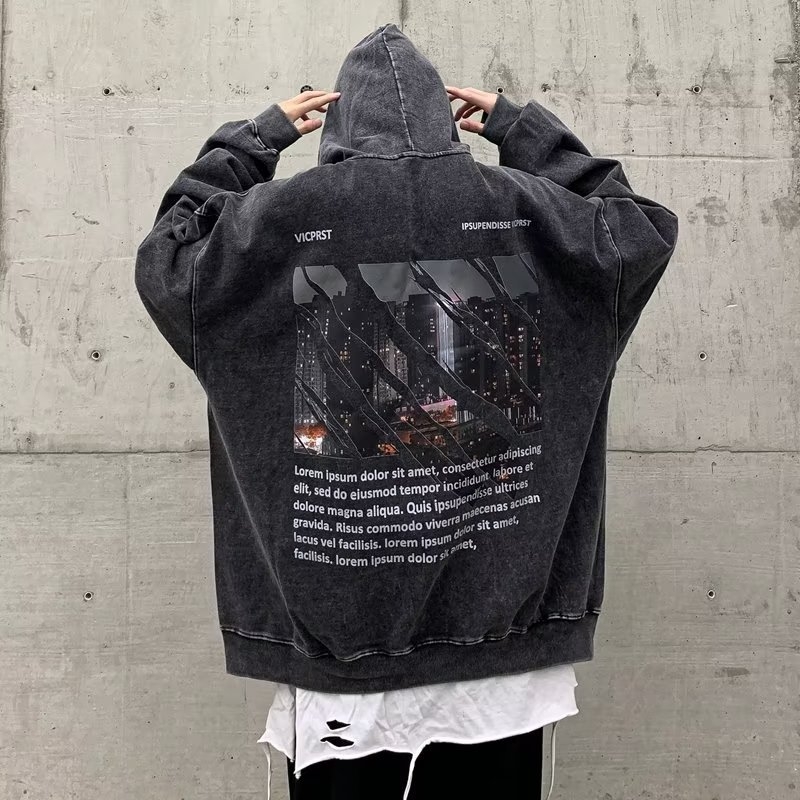 Muški hoodie s kapuljom, 96% pamuk, labav kroj, teško opran i izlizani završetak, jesen.