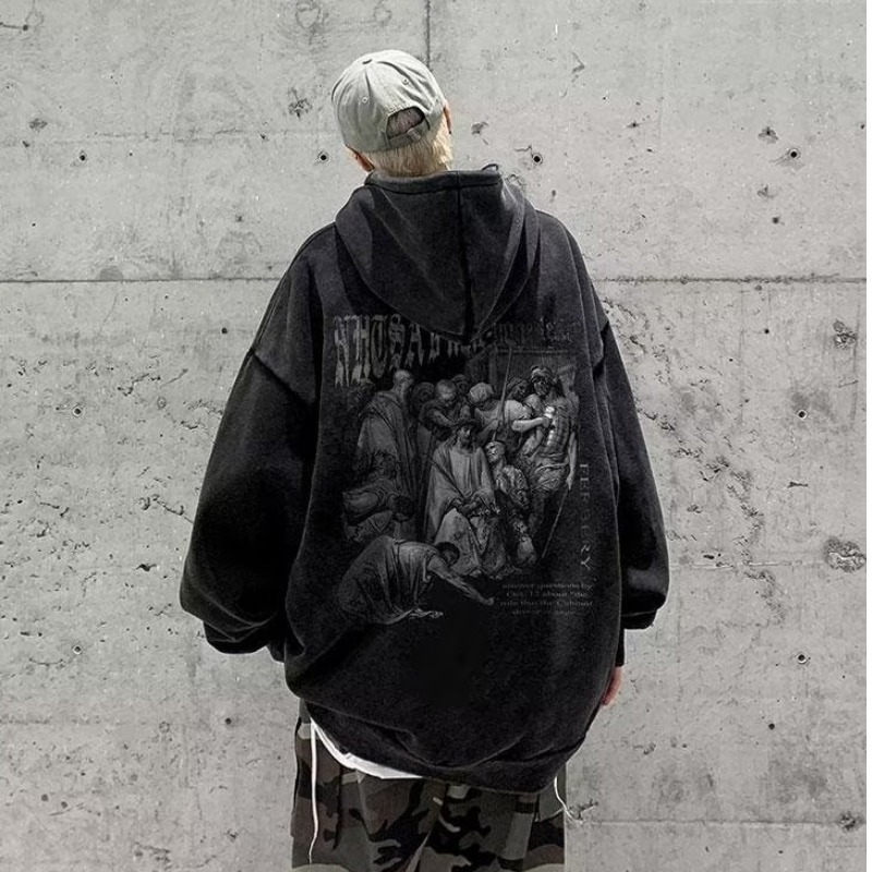 Muški hoodie s kapuljom, 96% pamuk, labav kroj, teško opran i izlizani završetak, jesen.